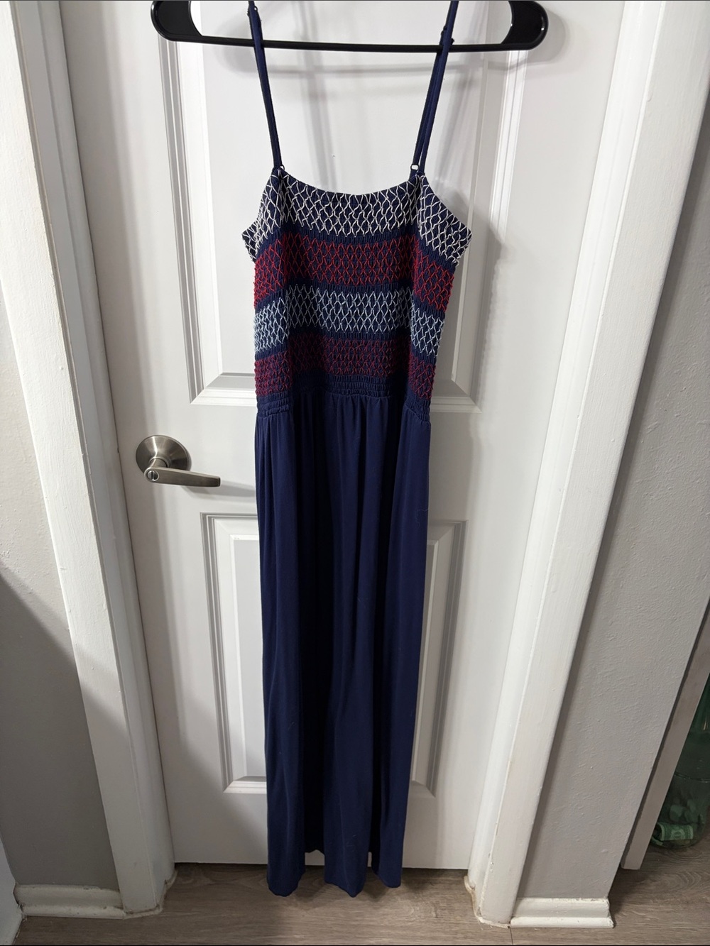 2/$15 Knox Rose Navy Maxi Dress with Red and Light Blue Smocked Bodice